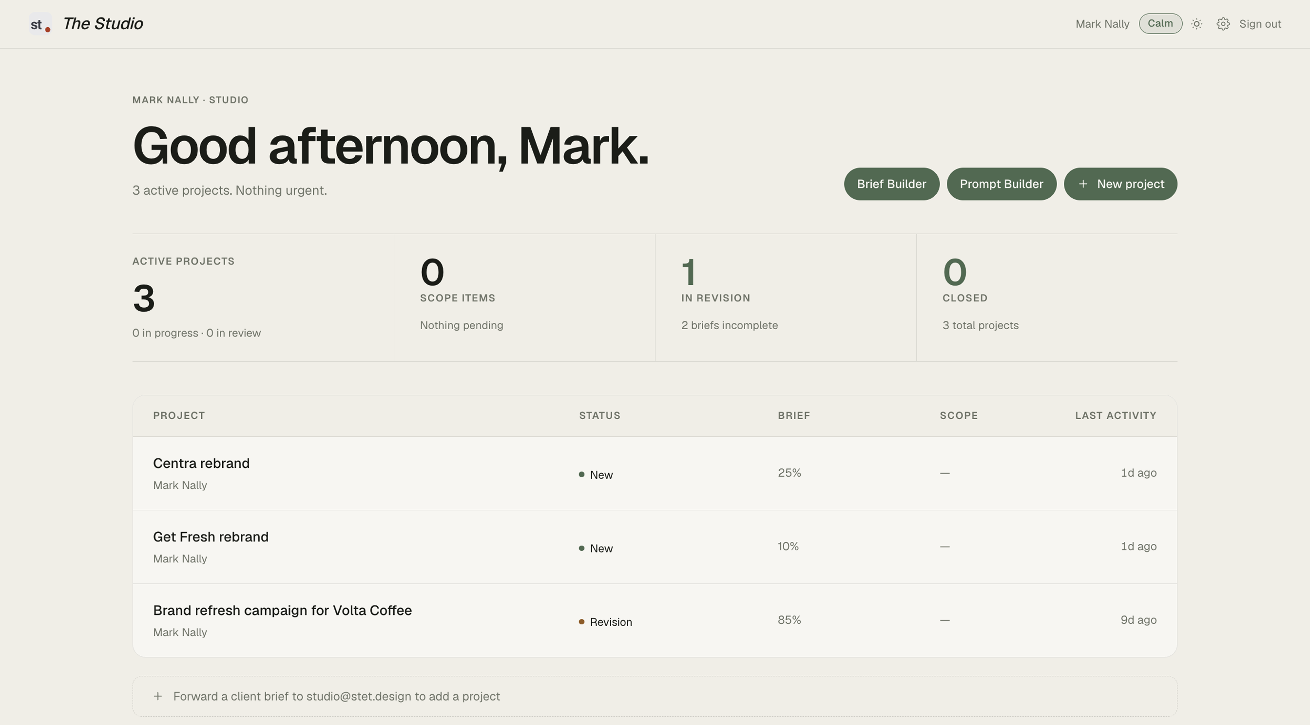 Dashboard with job list, status indicators, brief scores, and scope column
