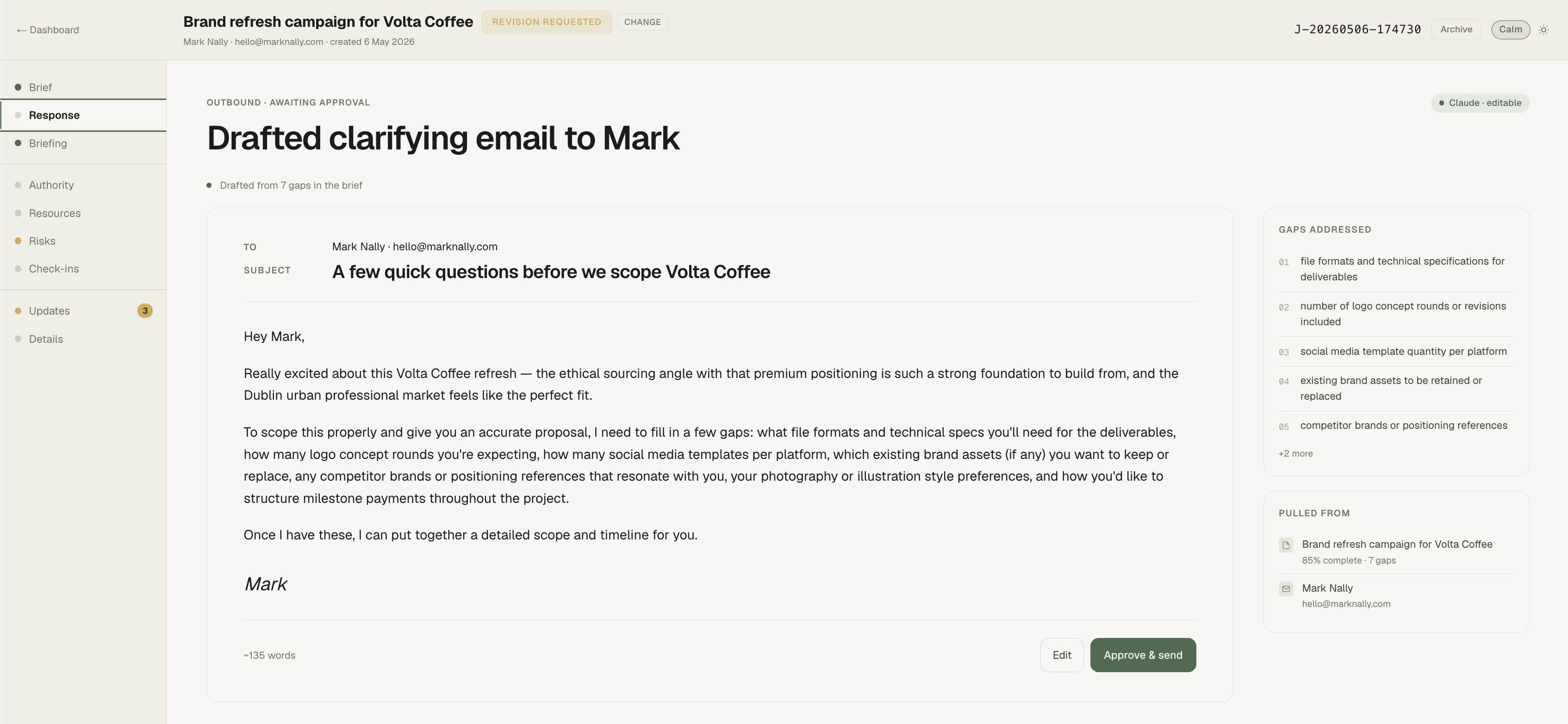 Response tab. Drafted clarifying email with approve and send controls