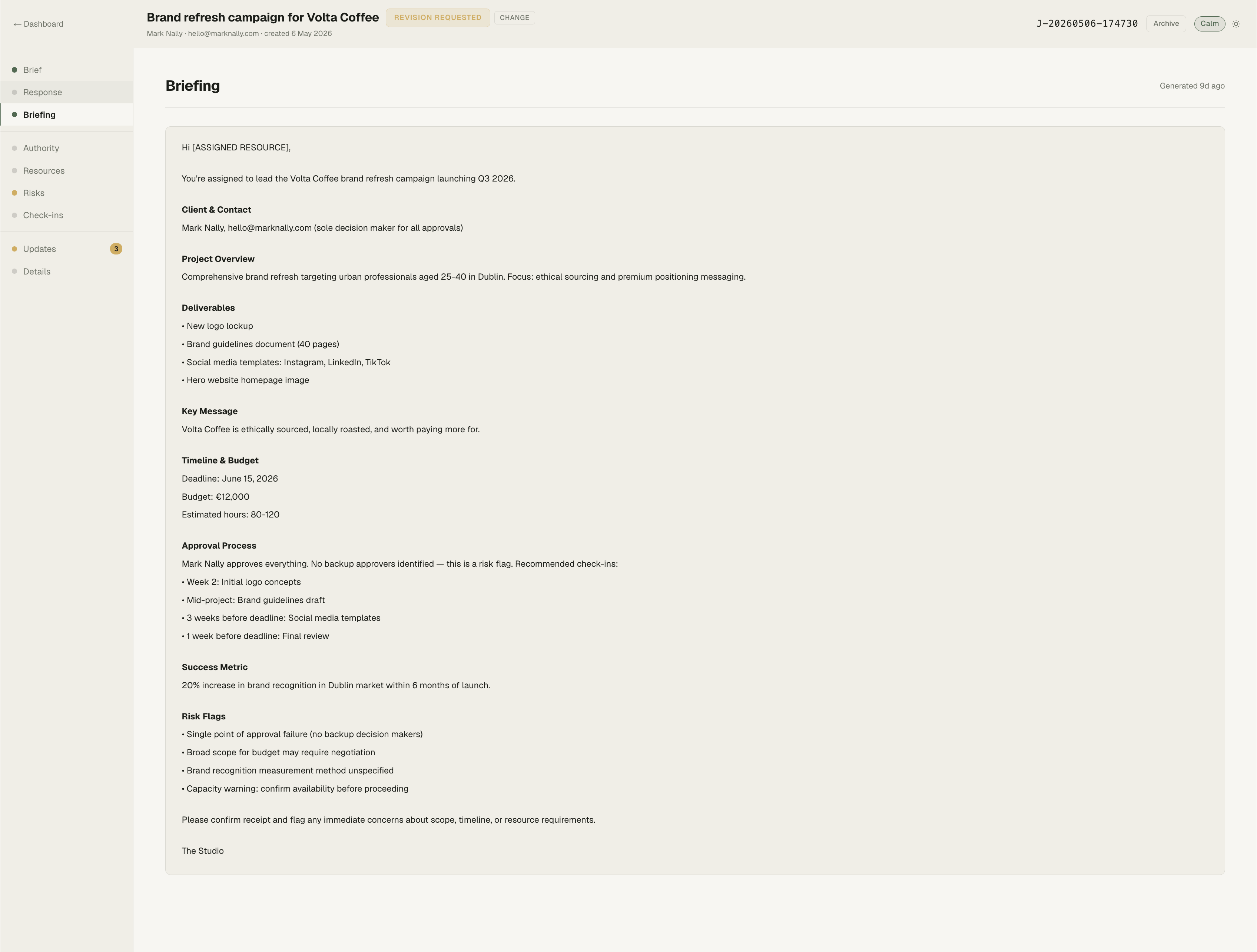 Briefing tab. Auto-generated internal brief produced when completeness crosses 80%