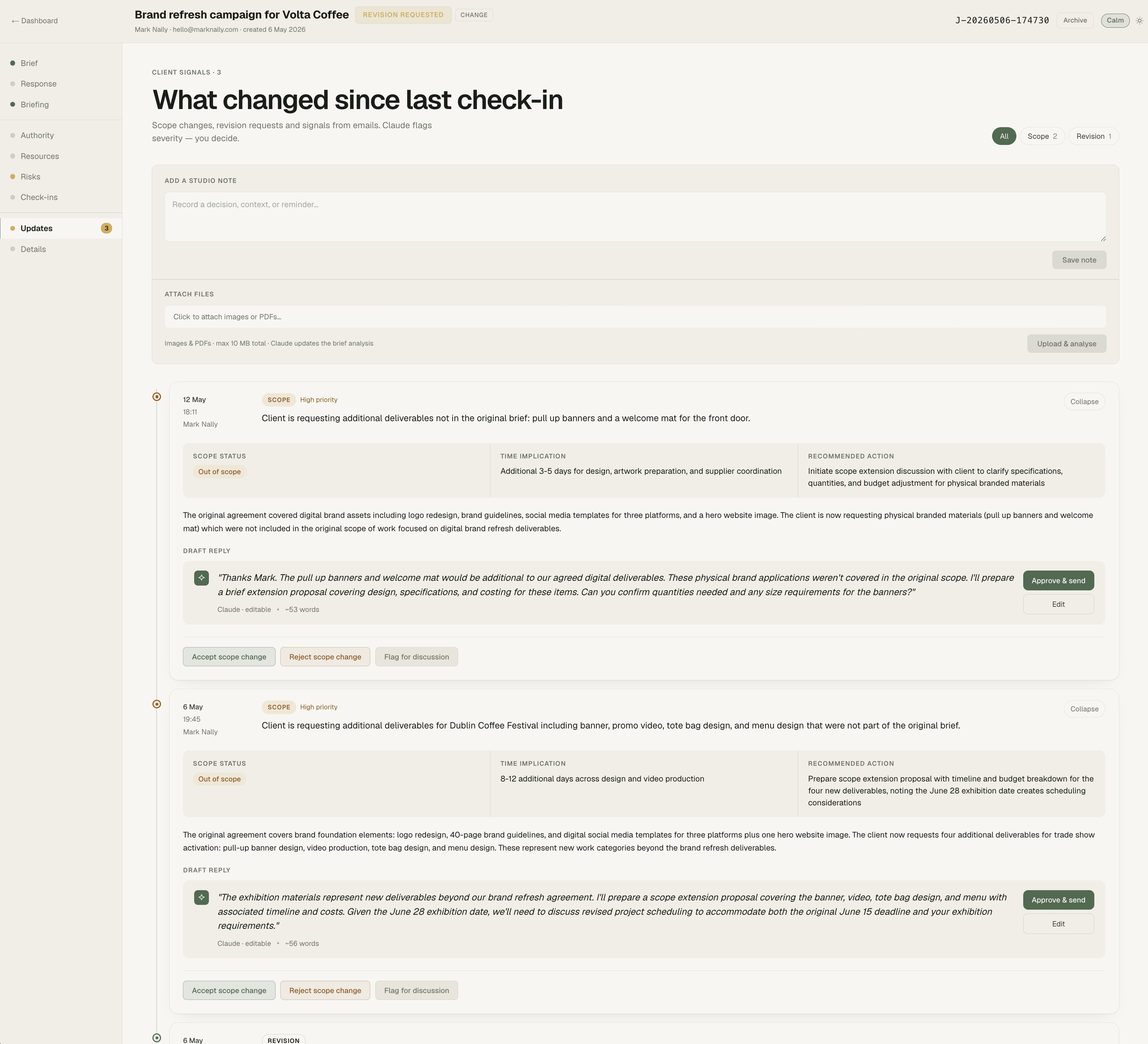Updates section showing scope flag with Gatekeeper assessment, full rationale, and draft reply with approve and reject controls