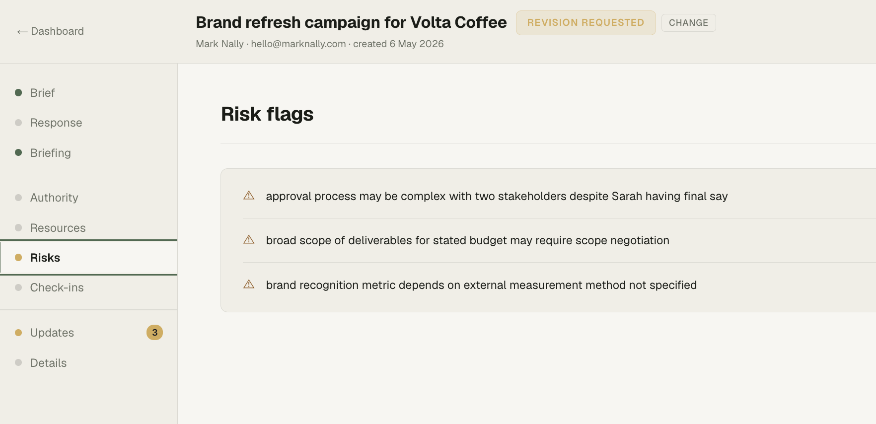 Risks tab. Inferred risk flags surfaced from the brief: approval complexity, scope vs budget, unspecified measurement method