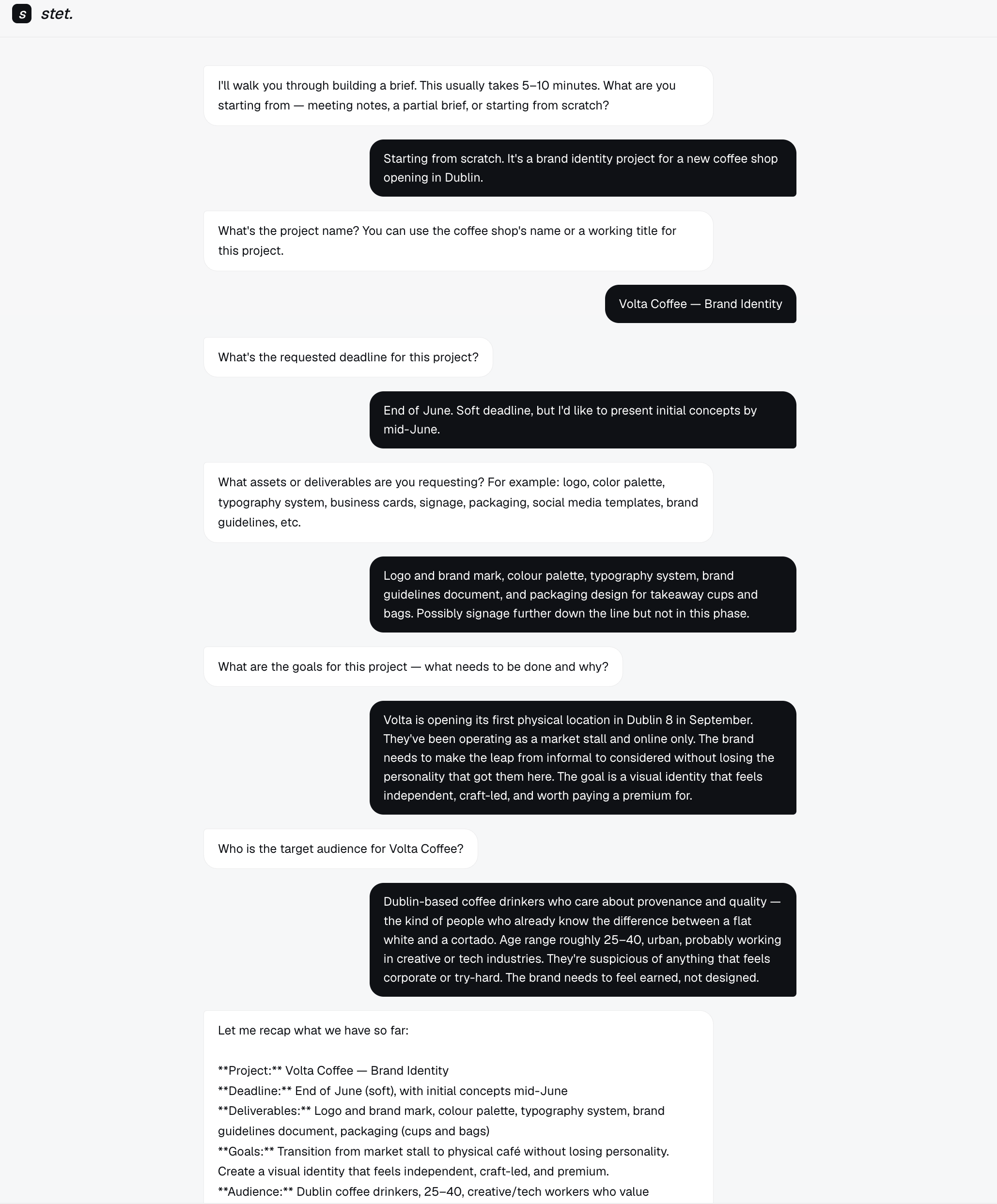 Brief Builder. Conversational interview asking the client about project name, deliverables, and goals