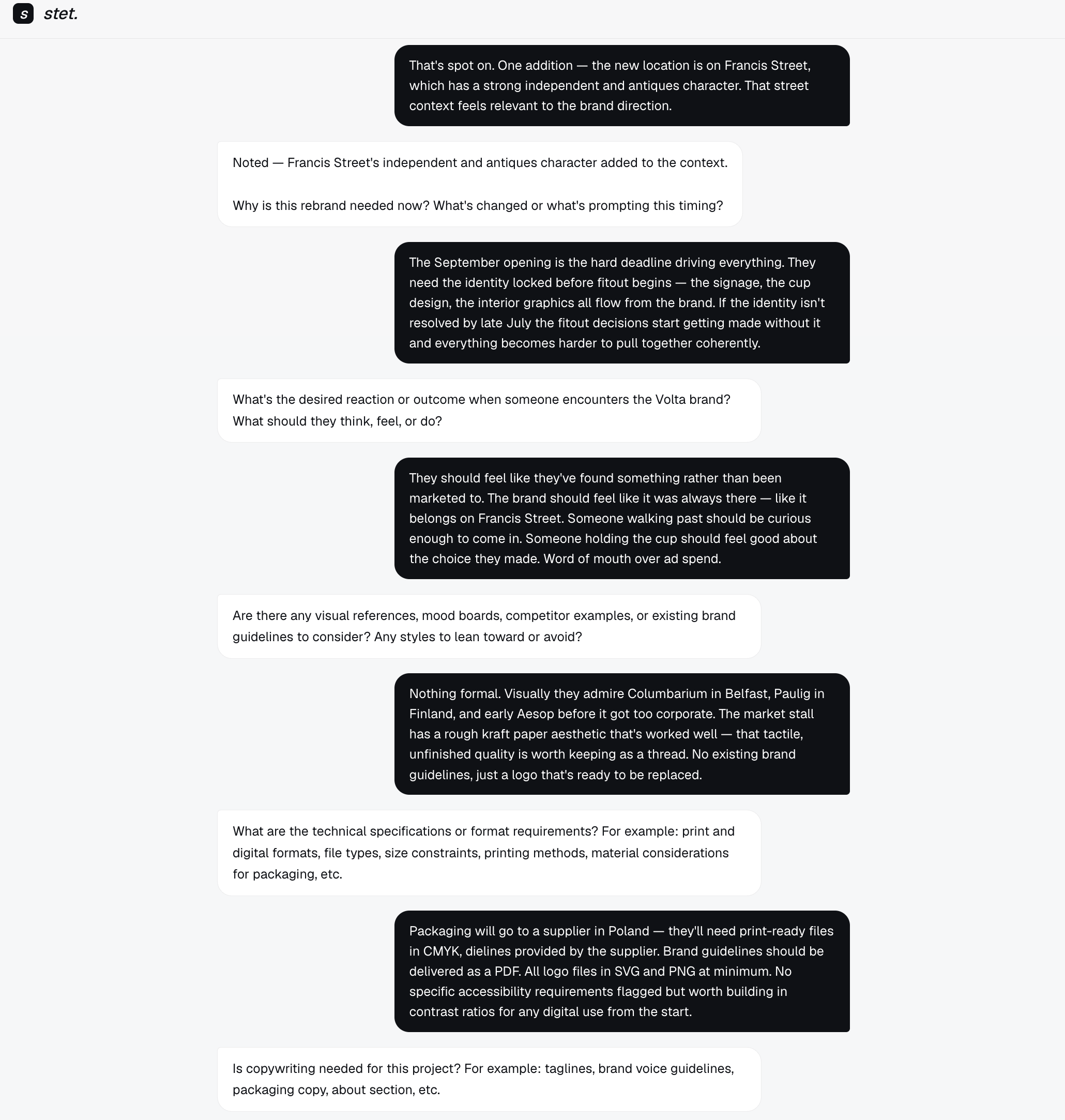 Brief Builder. Continued interview covering timing, audience reaction, visual references, and technical specifications